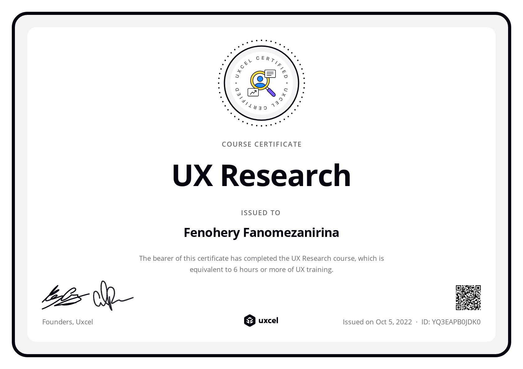 Fenohery Fanomezanirina's certificate